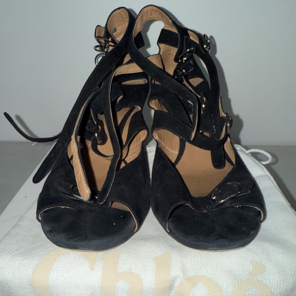 Chloe Cylla vintage black suede buckle up Demi wedge